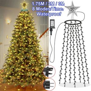 Décorations de Noël 8 modes minuterie LED lumières de cascade d'arbre de Noël avec étoile Topper mémoire Twinkle jardin éclairage de vacances décorations de Noël 231214