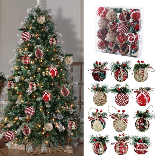 Décorations de Noël 816pcs 6cm Boule de Noël Artificielle Pomme de Pin Rouge Vert Plaid Enveloppé Tissu Boule de Mousse pour Arbre de Noël Décoration Pendnats Suspendus 221123