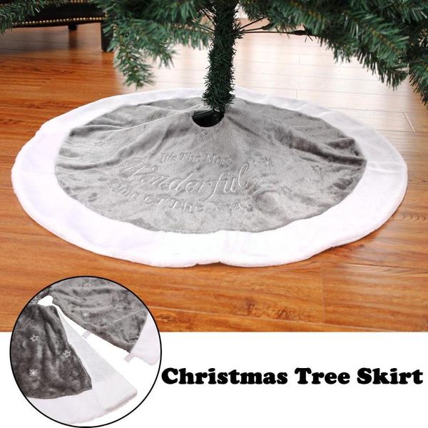 Adornos navideños 90cm falda de árbol blanco gris bordado alfombra corta de terciopelo decoración para el año del hogar K6R2