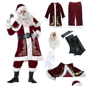 Décorations de Noël 9pcs Veet Deluxe Père Noël Père Cosplay Costume Costume Adt Fantaisie Robe Fl Ensemble Ensembles Drop Livraison Dhhyv