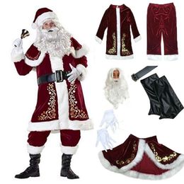Decoraciones navideñas 9 piezas Velvet Deluxe Santa Claus Padre Cosplay Traje Traje Adulto Vestido de lujo Conjunto completo Sets339M