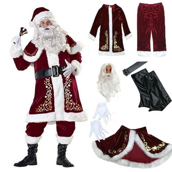 Décorations de Noël 9pcs Velvet Deluxe Père Noël Père Cosplay Costume Costume Adulte Fantaisie Robe Ensemble complet Sets264R