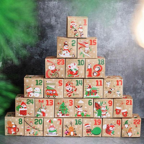 Décorations de Noël A 24pcs boîte-cadeau calendrier de l'avent 24 jours papier kraft bonbons biscuits 7x7x7cm année de Noël fête enfants faveurs
