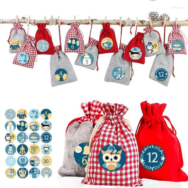 Décorations de noël calendrier de l'avent 24 jours, sacs cadeaux de bonbons réutilisables, sacs à cordon, bricolage, compte à rebours de noël pour mur de maison