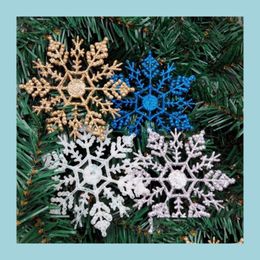 Kerstdecoraties kunstmatige kerstplastic glitter sneeuwvlok 10 cm xmas tress hangende huisfeest slingers ornamenten 12 stks/lot dhy6w