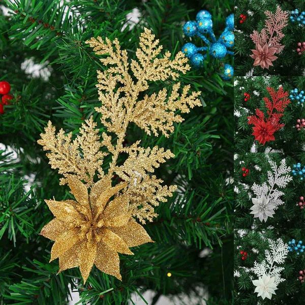 Décorations de Noël Artificielle Glitter Poinsettia Fleur Branches De Pin Feuilles Picks Ornements Pour Couronnes D'arbre De Noël Décoration De La Maison