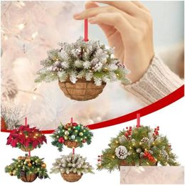 Décorations de Noël Panier de fleurs suspendu artificiel Pendant 2d Green Red Courcle Plant de Noël Ornements d'arbre joyeux décoration Noel Dro Dhqsj