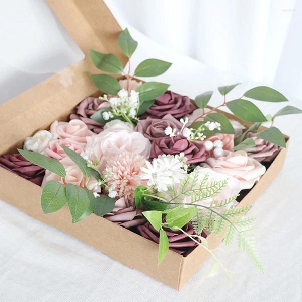 Decoraciones navideñas Caja de flores artificiales para bodas Conjunto de rosas falsas y polvorientas para arreglos florales de bricolaje Centros de mesa Ramos para el hogar