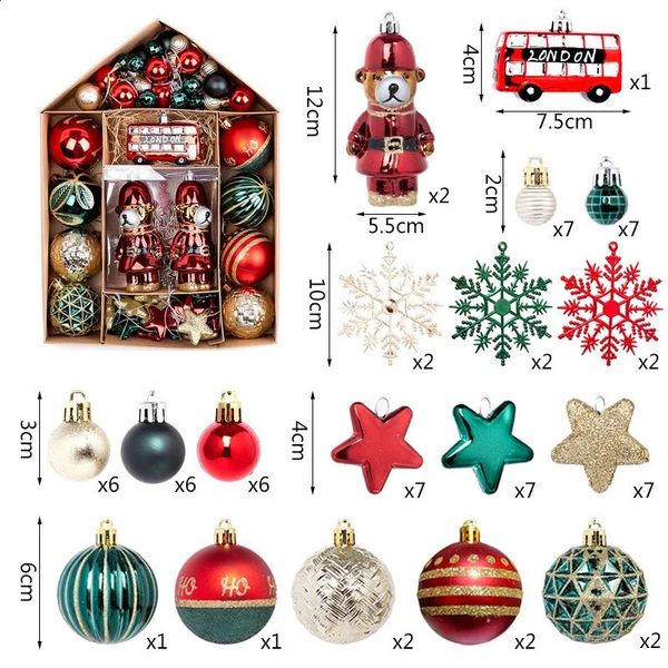 Bola de decoraciones navideñas, 70 Uds., dibujo coloreado, casa con forma especial, Kit de adornos de árbol en caja 231102