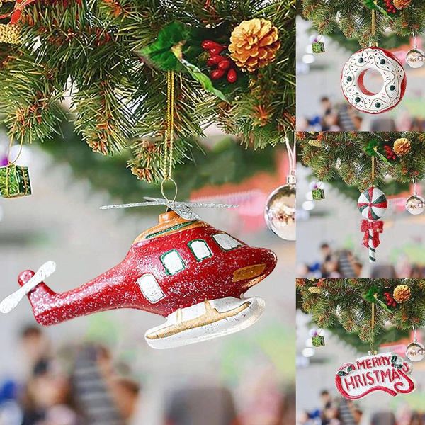 Décorations de Noël Boule Arbre Rouge et Blanc Hélicoptère Donut Décoration Petit Pendentif Cristal Suspendu Lustre Navidad 2023