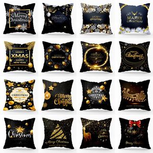 Décorations de Noël Housses de coussin noires avec taies d'oreiller imprimées en or Ornements Housse de coussin cadeau de Noël à motifs multiples