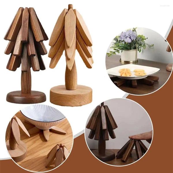 Decoraciones navideñas, tapete de mesa de madera de nogal negro, arte de árbol para posavasos, Juego de 3 salvamanteles de madera, decoración de cuencos de Navidad