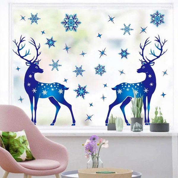 Décorations de noël en PVC, autocollant statique en forme d'élan bleu, rideau de fenêtre de maison, fournitures de décoration murales, bricolage, année 2024