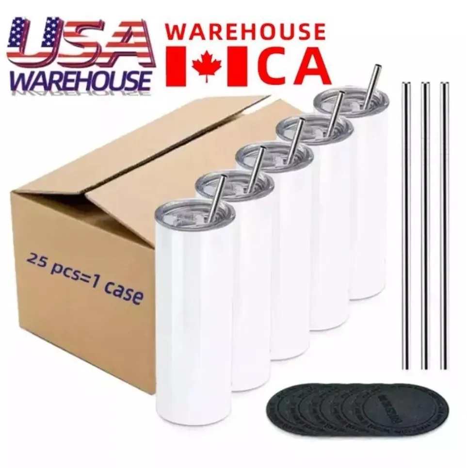 USA Can Warehouse 25pc/Carton Sublimationタンブラー20オンスステンレス鋼二重壁断熱ストレートブランクホワイトウォーターカップと蓋とストロー