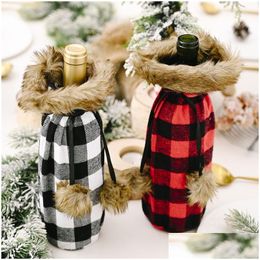 Décorations De Noël Buffalo Plaid Bouteille De Vin Er Décoratif En Fausse Fourrure Cuff Chandail Titulaire Sacs Cadeaux Ornement De Fête Jk2009Xb Drop De Dh3Jy