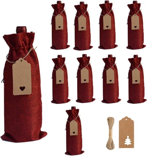 Decoraciones navideñas, bolsas de regalo de vino de arpillera, paquete de 10 botellas de lino con cubiertas reutilizables con cordón, cuerda de 10m y corazón Kra