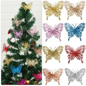 Décorations de Noël Papillons Ornements d'arbre de Noël Glitter Fleur artificielle DIY Artisanat Décor Monocouche Poudre d'or 220914