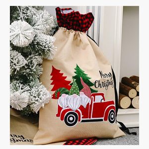 Kerstversiering Canvas String Houders Tas, Auto Print Portefeuilles Santa's Candy Gift Pack, grote vakantietassen kous met trekkings