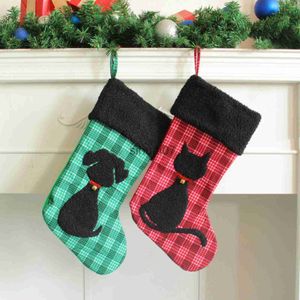 Décorations de Noël Bas de Noël imprimé chat à carreaux Décoration de Noël pour la maison 2023 Décoration d'arbre de Noël Chaussettes Cadeau du Nouvel An 2024 Navidad x1019