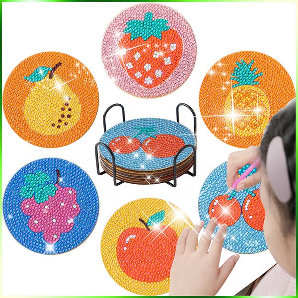 Decoraciones navideñas CHENSITORY 6PCSSet Patrón de frutas DIY Pintura de diamantes Posavasos Bordado Taza Cojín con estante Mesa Mantel individual 230425