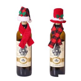 Décorations de Noël Buffalo Plaid Mini Santa Hat et écharpe Bouteille de vin Er Sierware Holder Ornements de table de Noël Xbjk2110 Ho Dhqdl
