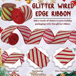 Décorations de Noël Ruban de cordon de Noël Rouge Vert Stripe Glitter Wrap Décoration pour la fête à la maison R231106