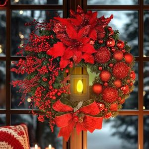 Décorations de Noël Décoration de Noël pour la maison Couronne de Noël avec boule à nœud lumineux Grande fleur rouge Réveillon de Noël 2024 Porte Fenêtre Chambre Déco 231030