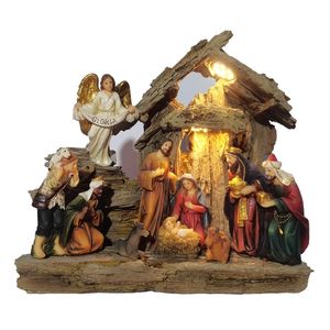 Décorations de Noël Décoration de Noël Scène de la Nativité Ensemble Stable LED Statue de la Sainte Famille Bébé Jésus Manger Figurine Catholique Ornement de Maison Zayton 220916