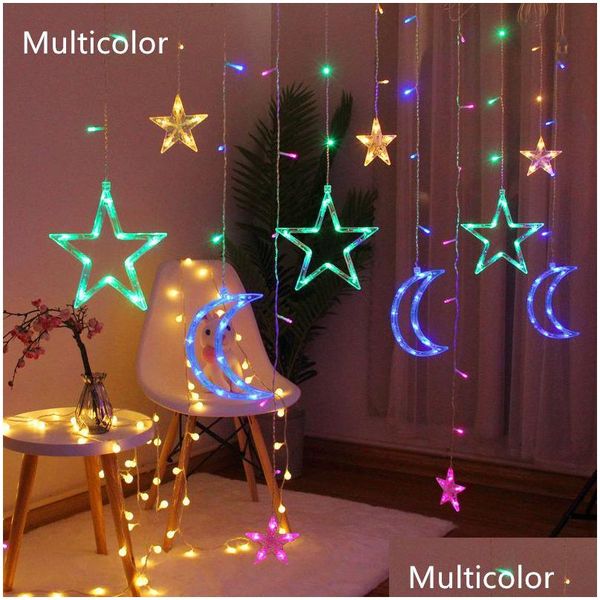 Decoraciones navideñas Decoración navideña Cortina Luces Estrellas Luna Ventana Carámbano Luz Control remoto Vacaciones Telón de fondo Cadena Hada DHDTP