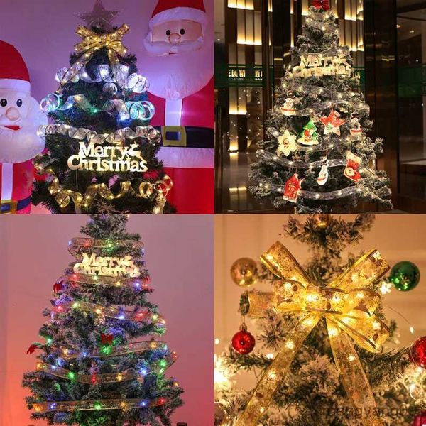 Décorations de Noël Décoration de Noël Ruban LED Guirlandes lumineuses Ornements d'arbre de Noël pour la maison 2023 DIY Bows Light String Navidad Nouvel An 2024 R231107