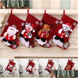 Décorations de Noël Décorations de Noël 1pcs chaussettes chaussettes avec bonhomme de neige Santa Elk ours impression sac cadeau de bonbons de Noël cheminée Dhqap