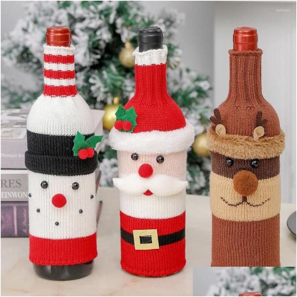 Décorations de Noël Décorations de Noël Santa tricoté bouteille de vin cas Elk bonhomme de neige rouge champagne tissu 2023 joyeux décor bonne année Dhoak