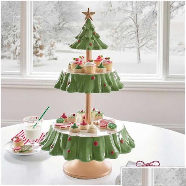 Décorations De Noël Décorations De Noël Arbre Dessert Table Assiette De Fruits Double Couche Gâteau Stand Fête De Vacances Bonbons Snack Plateau Xm Dhn5T