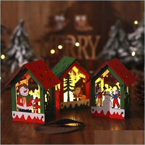 Decoraciones navideñas Navidad Diy Cabina ensamblada de madera iluminada con cuerda colgante Merry Led Lights House Drop Delivery Home Garde Dhjbt