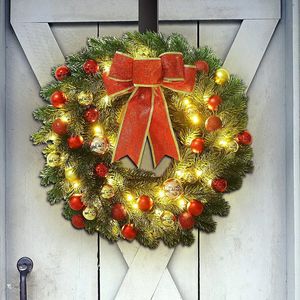 Décorations de Noël Couronne de porte de Noël Couronne de boule d'arc rouge pour porte d'entrée guirlande de fleurs suspendues ornements extérieurs Décorations de Noël 231023