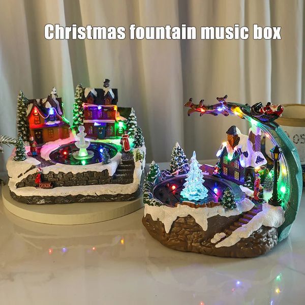 Decoraciones navideñas Caja de música con brillo navideño con rociador de agua para concierto, adornos giratorios, fuente de resina, decoraciones de regalo, decoración del hogar 231025