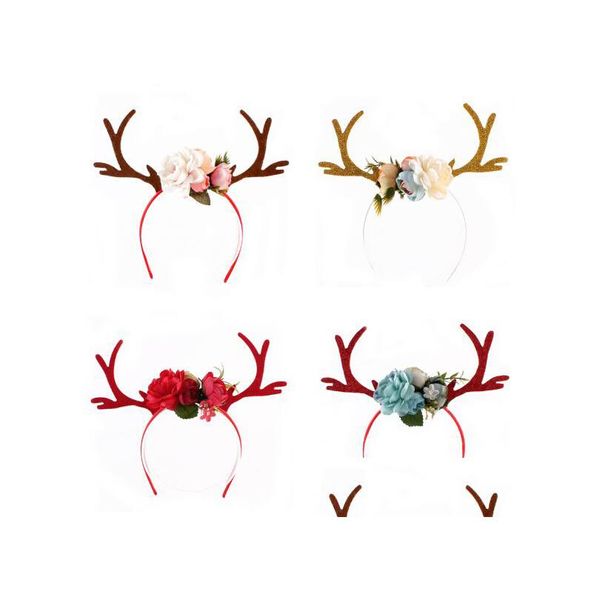 Décorations de Noël Bandeau de Noël Elk Deer Antlers Cerceau de cheveux avec des fleurs Costume Drop Livraison Maison Jardin Fête Festive Dhjy8