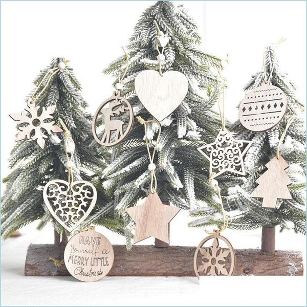 Décorations de Noël Ornements Creux de Noël Coeur Flocon de Neige Arbre Ange En Bois Pendentif Suspendu Bois Sculpté Au Laser Petite Goutte Deli Dhimy