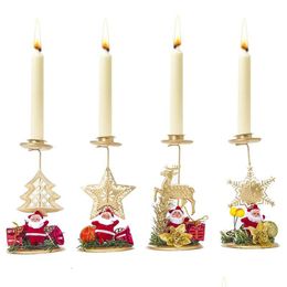 Kerstdecoraties Kerst IJzeren Candlestick Ornament Xmas Santa Candle Desktop Decor Snowflake Moose Tree Holder Decoratie Dro DHY8X