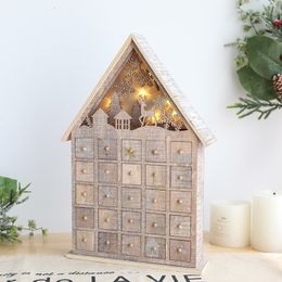 Décorations de Noël Lumière LED de noël bureau en bois calendrier nordique brillant maison de neige cabine lumineuse joyeux noël décorations pour la maison cadeau 230825