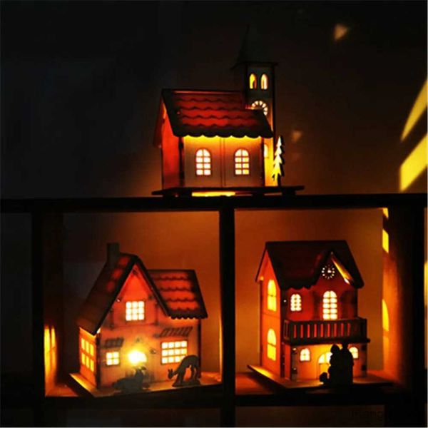 Decoraciones navideñas Luz LED navideña Casa de madera Cabina luminosa Decoraciones navideñas para el hogar DIY Adornos para árboles de Navidad Año nuevo 2023 Regalos para niños R230928