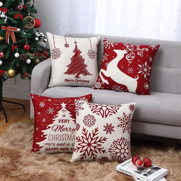 Décorations de Noël Housses de coussin de Noël Décorations de Noël Housses de coussin Ensemble de 4 taies d'oreiller avec décor de vacances 231013