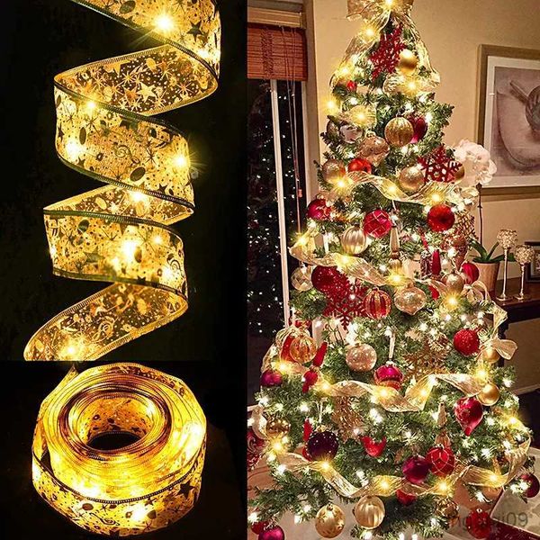 Décorations de Noël Ruban de Noël Fée Lumière Arbre de Noël Ornements Lampe Lumières Guirlande Dentelle Arc Pour Navidad Nouvel An Décor À La Maison