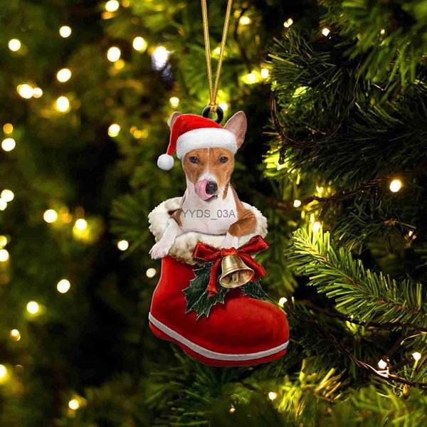Weihnachtsdekorationen, Weihnachtsschuhe, hängende Verzierung, Acryl-Druckmuster, 2D-flacher Hund in Weihnachtsmannstiefeln, entzückende Geschenke, Weihnachtsbaumschmuck YQ231113