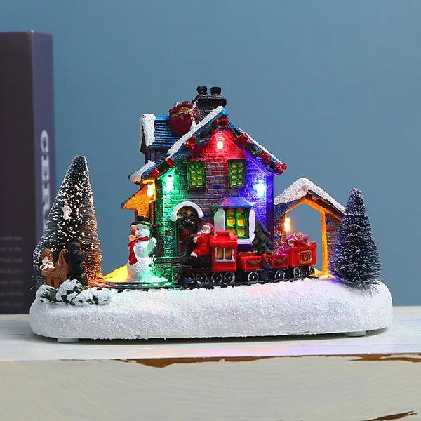 Décorations de Noël Noël Petit Train Village Snow House Lumineux Résine Ornement Couleur LED Lumière Musique Paysage Table Décor Cadeaux 231117