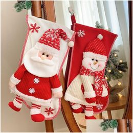 Décorations de Noël Bas de Noël Sacs-cadeaux Chaussettes tricotées rouges Décorations de Noël Grand 45X28Cm Cheminée décorative durable Hangi Dhu2J