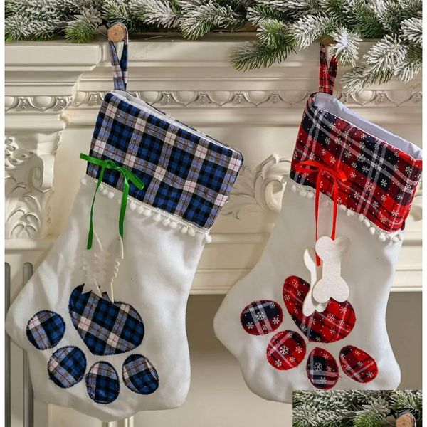 Decoraciones navideñas Medias navideñas con monograma Mascota Perro Pata de gato Bolsa de regalo Medias de Navidad a cuadros Adornos para árboles Decoración de fiesta 2 estilos Dh4Eo