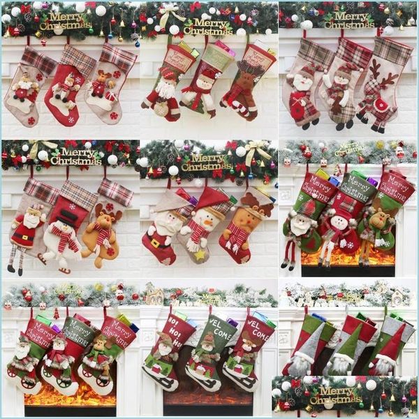 Decoraciones navideñas Medias navideñas Bolsa de regalo Ciervo de Papá Noel Muñeco de nieve Adorno colgante de Navidad Calcetines Bolsas de dulces de gran tamaño Árbol Moose D Dhhbm