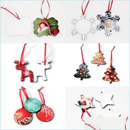 Decoraciones navideñas Transferencia de Navidad Impresión en blanco Casas redondo Clake de nieve Diseño de ciervos Mdf Ornamento colgante Drop entrega dhwqj