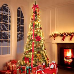 Décorations de Noël Décoration d'arbre de Noël 200 lumières chaudes 24 ornements ruban rouge or 15 fleurs 19 nœuds alimenté par prise UL 231013